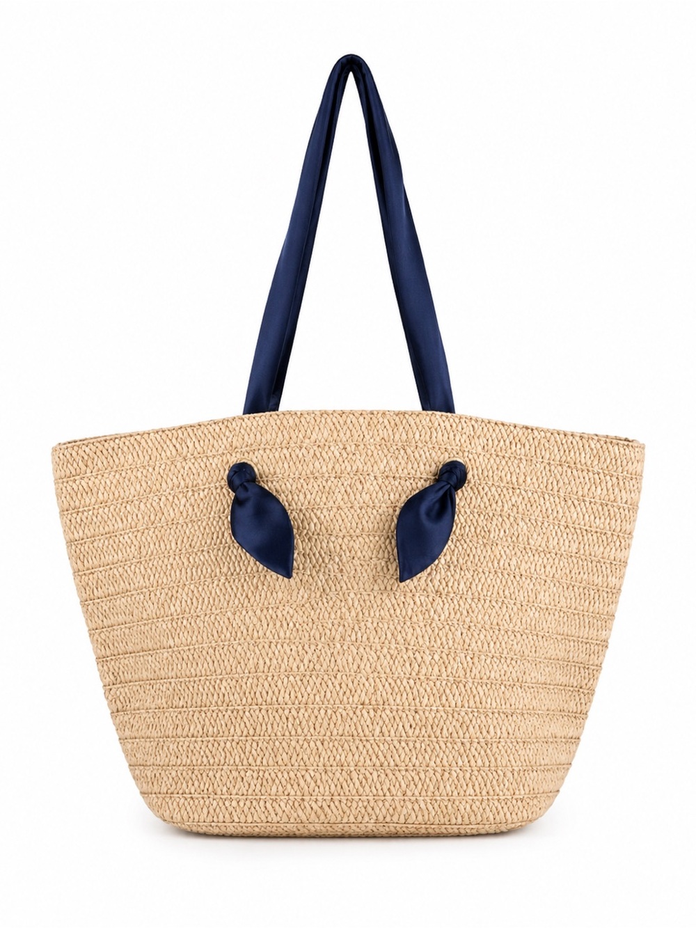 Straw Beach Tote Bag Navy Ribbon Handles Woven Summer Resort Shoulder Bag